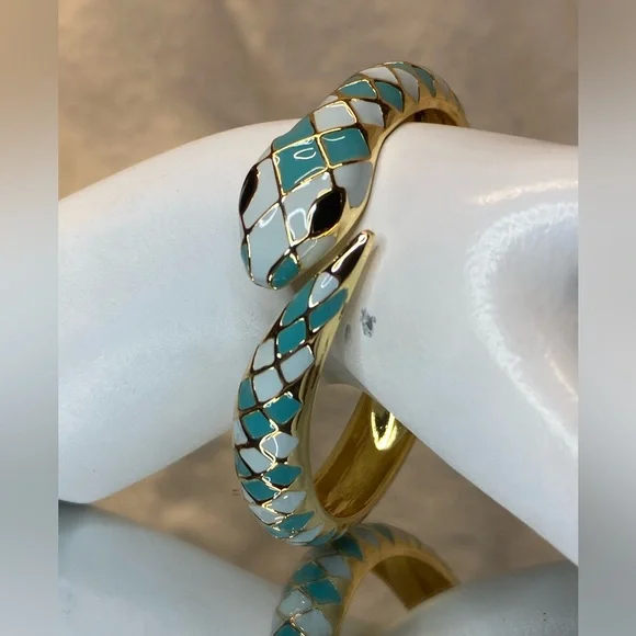 Snake Cuff Bracelet Gold-plated Inlaid Teal & White Enamel Bangle Bracelet sze 8